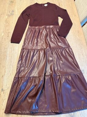 Able Burgundy Faux Leather Tiered A-Line Dress M